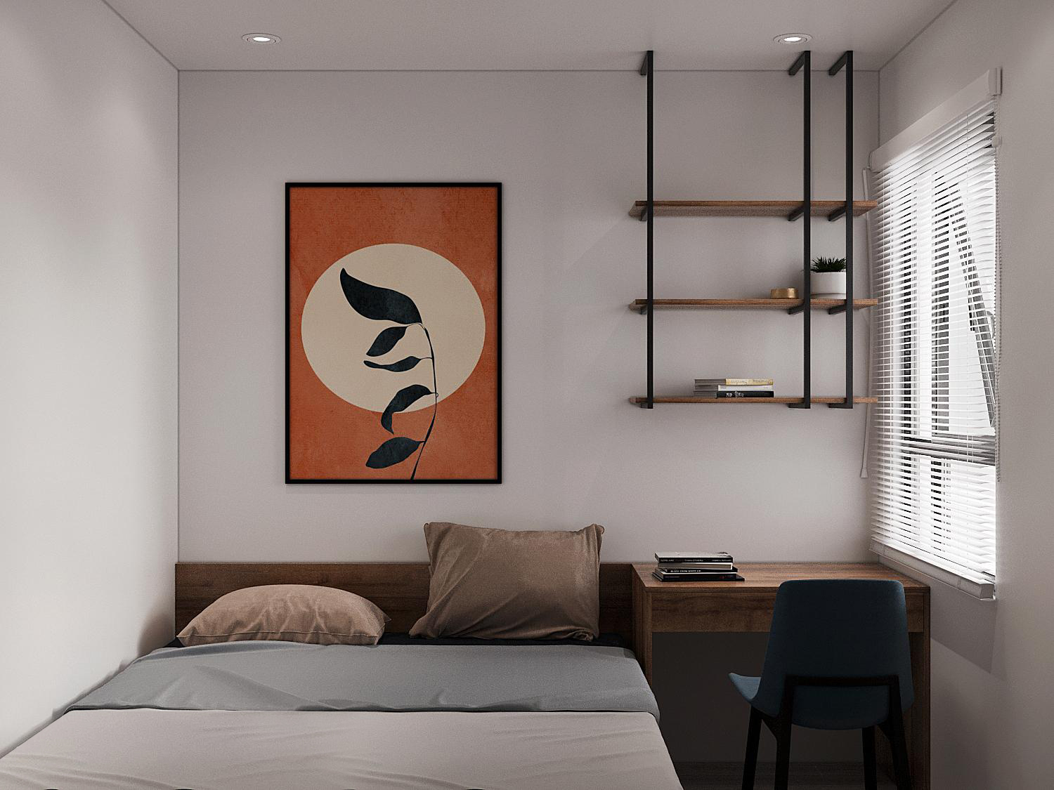 Một phòng ngủ khác trong căn hộ 63m2 với thiết kế nội thất tương tự. Tranh tường màu cam, họa tiết hình tròn trung tâm tạo điểm nhấn hút mắt.