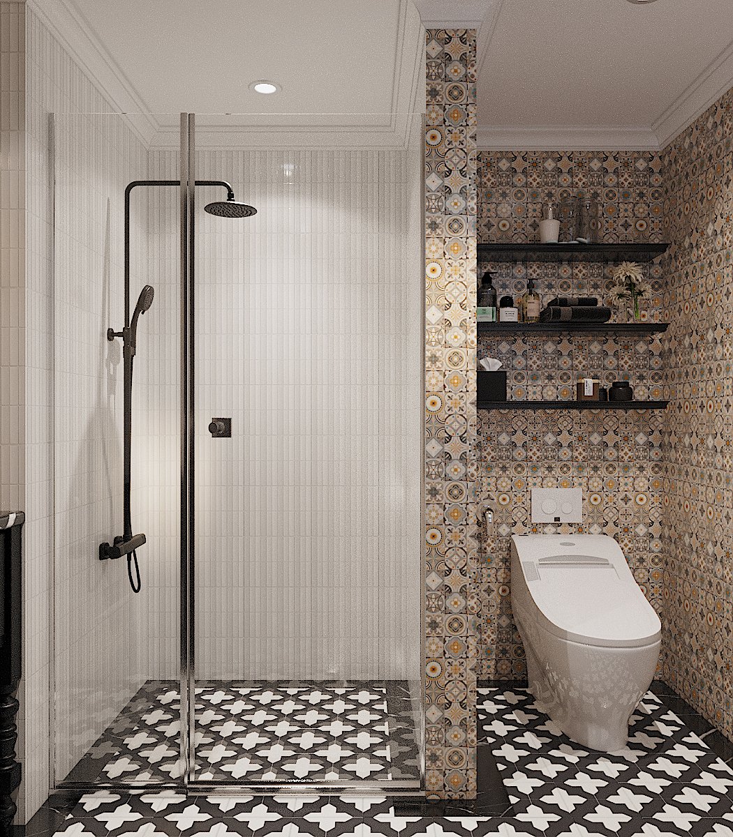 Gạch ốp tường khác nhau giúp phân tách rõ hai khu vực chức năng trong phòng tắm.