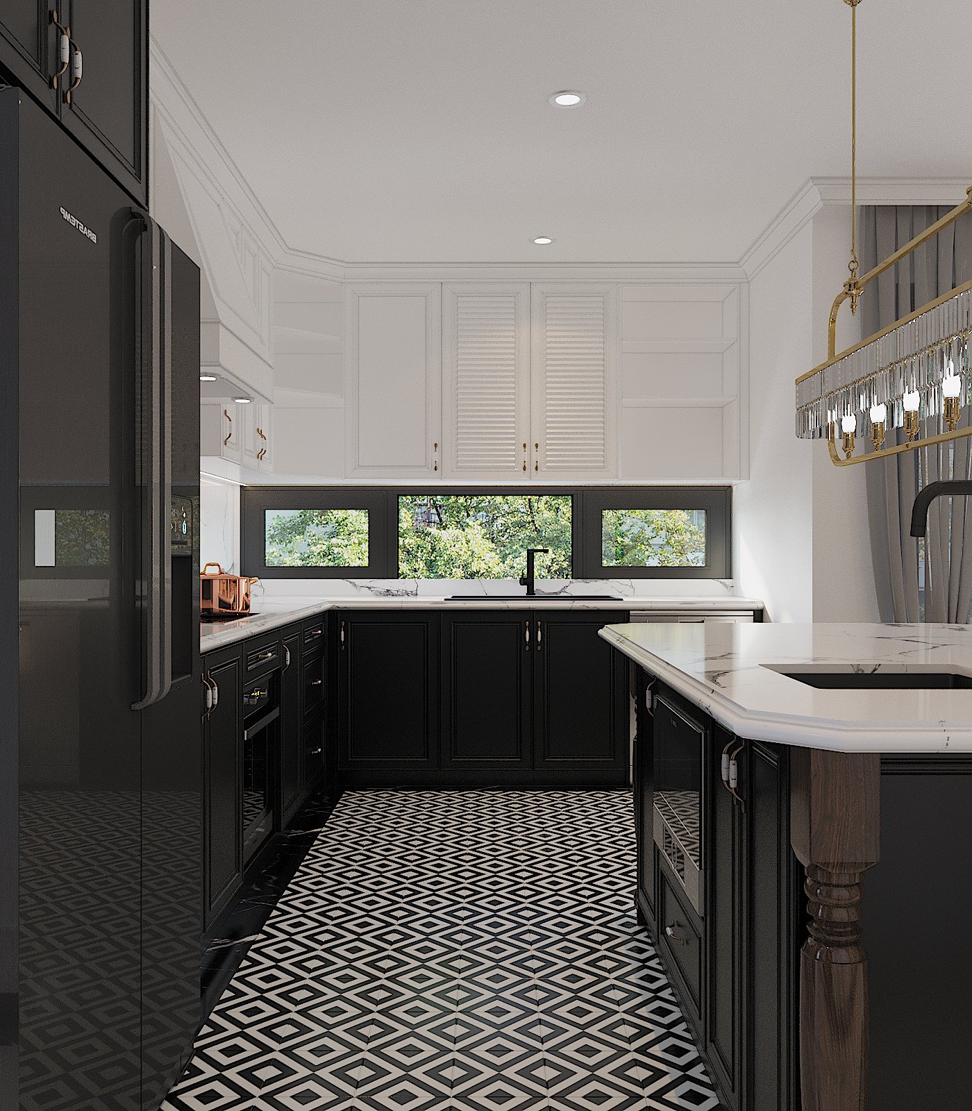 Phòng bếp thiết kế với hai tông màu đen - trắng cổ điển, được cân bằng bởi hệ tủ bếp trên và dưới. Những ô cửa kính trong suốt tạo độ thoáng sáng cho căn phòng.