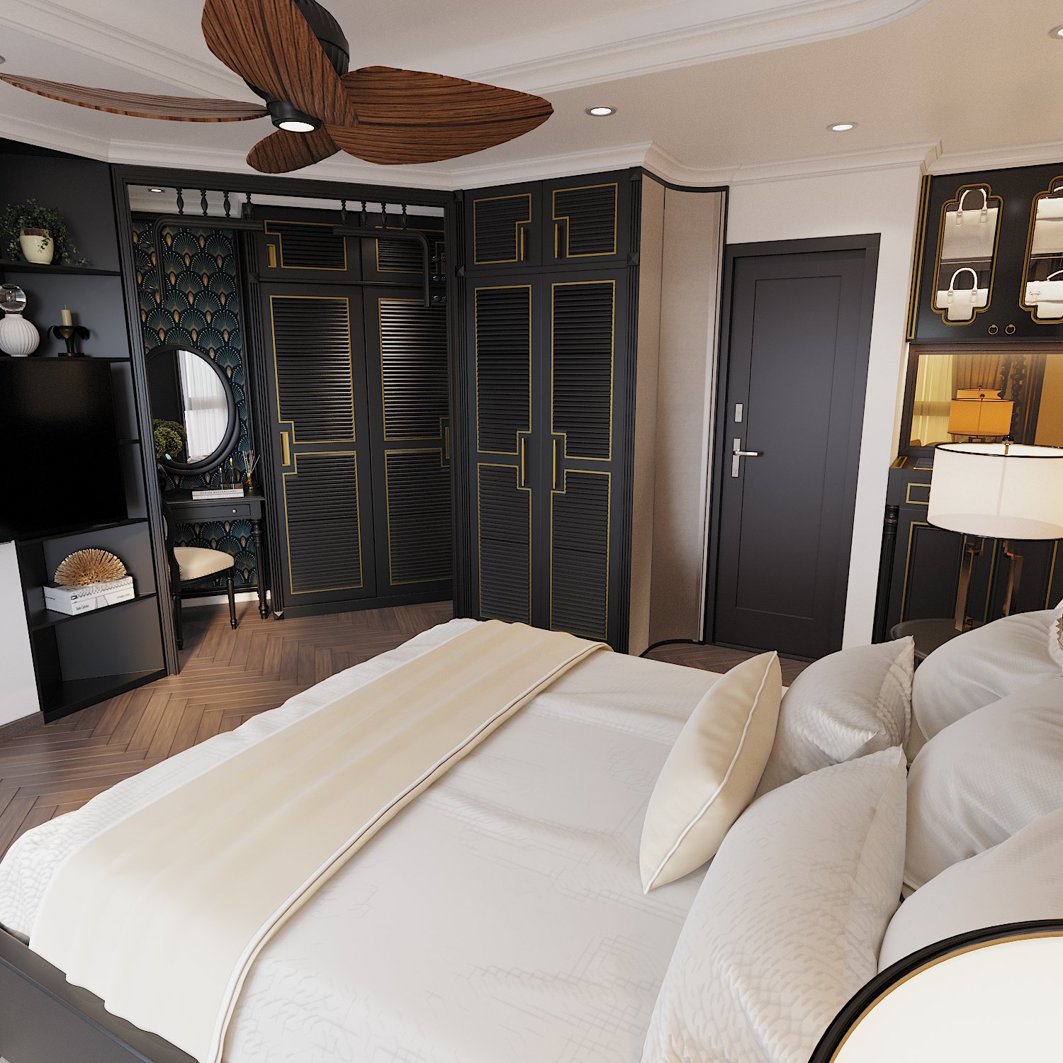 Tủ quần áo màu đen với các đường kẻ màu vàng đồng nổi bật giúp gia tăng chiều sâu cho không gian ngủ nghỉ.