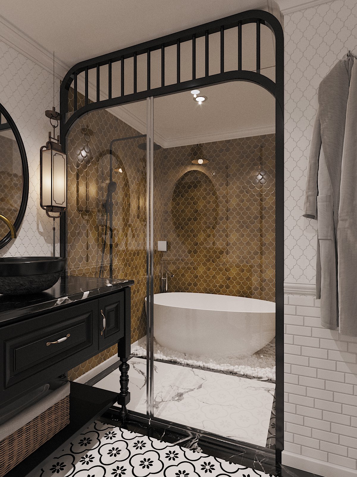 Phòng tắm "sang chảnh" trong phòng ngủ master. Gạch ốp lát màu vàng đồng dạng vảy cá xếp lớp định vị khu vực tắm bồn.