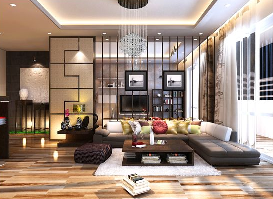 Mẫu thiết kế nội thất phòng khách phong cách sang trọng, hiện đại với diện tích rộng rãi, ánh sáng ngập tràn, tạo cảm giác chào đón.