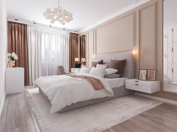 Phòng ngủ master thoáng rộng, bài trí nội thất hiện đại tông màu trung tính thanh lịch.