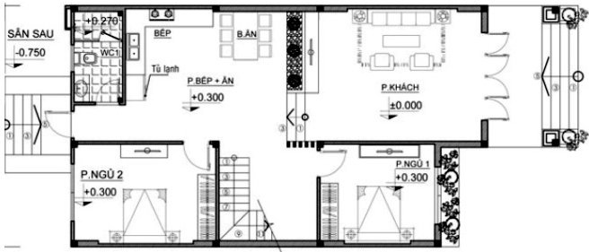 Mặt bằng tầng 1 biệt thự mái Thái