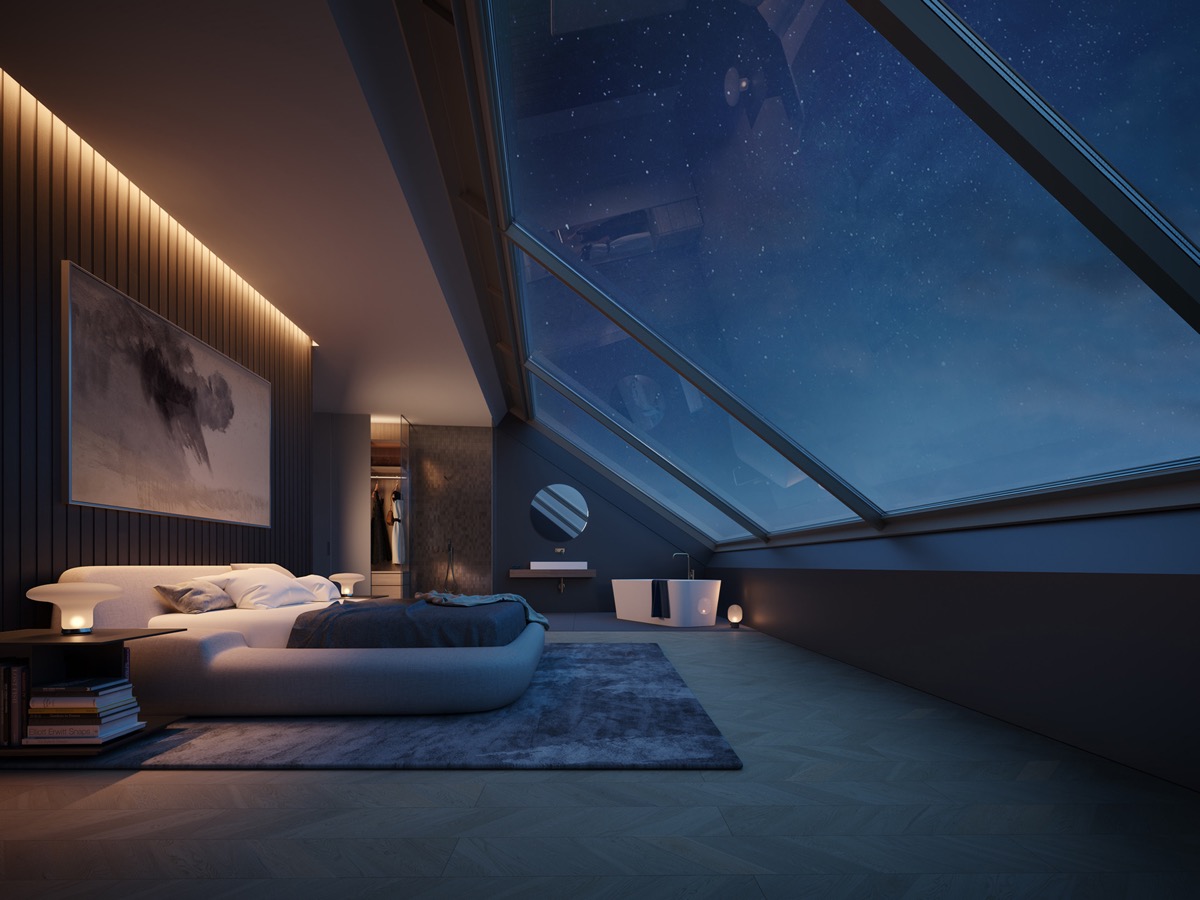 Thiết kế phòng ngủ ấn tượng trên gác mái, nơi bạn có thể thỏa thích chiêm ngưỡng bầu trời đêm đầy sao. Dĩ nhiên, mái kính tích hợp lớp rèm kéo để che chắn khi cần.