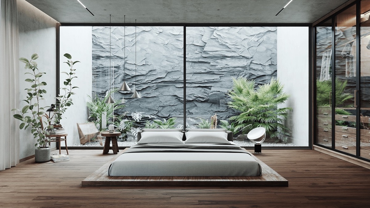 Nội thất phòng ngủ đẹp theo phong cách Nhật đậm chất thiền tịnh. Vườn mini xanh mát và bức tường đá gồ ghề tạo điểm nhấn ấn tượng cho căn phòng.