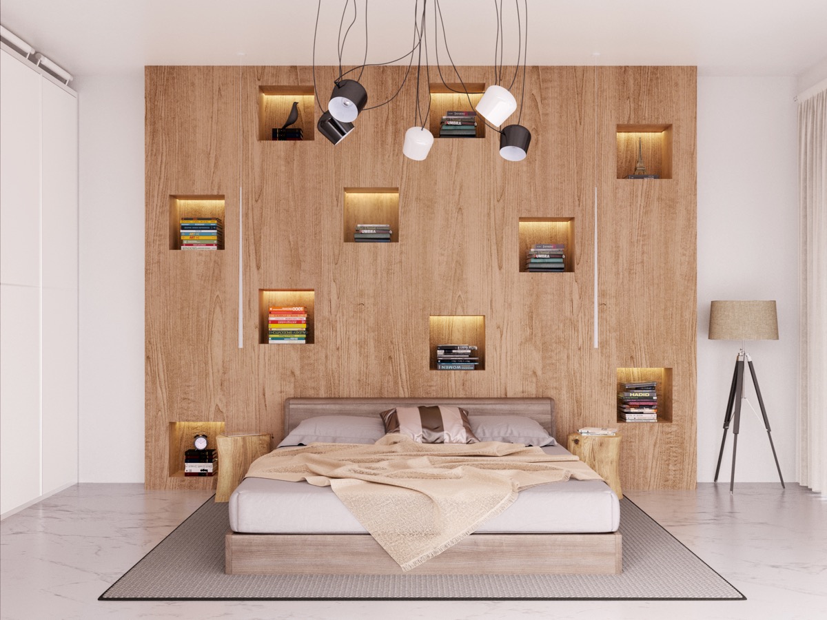 Mẫu phòng ngủ đẹp, cực bắt mắt với bức tường lưu trữ đầu giường. Nếu có thói quen đọc sách trước khi ngủ, bạn có thể tham khảo thiết kế này.