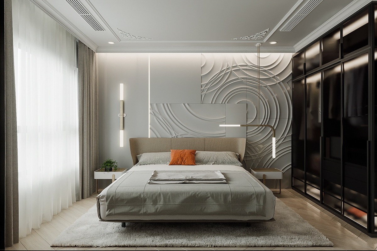 Những vòng tròn đồng tâm và hệ đèn LED kiểu dáng độc đáo tạo sức hút rất riêng cho mẫu thiết kế phòng ngủ hiện đại này.