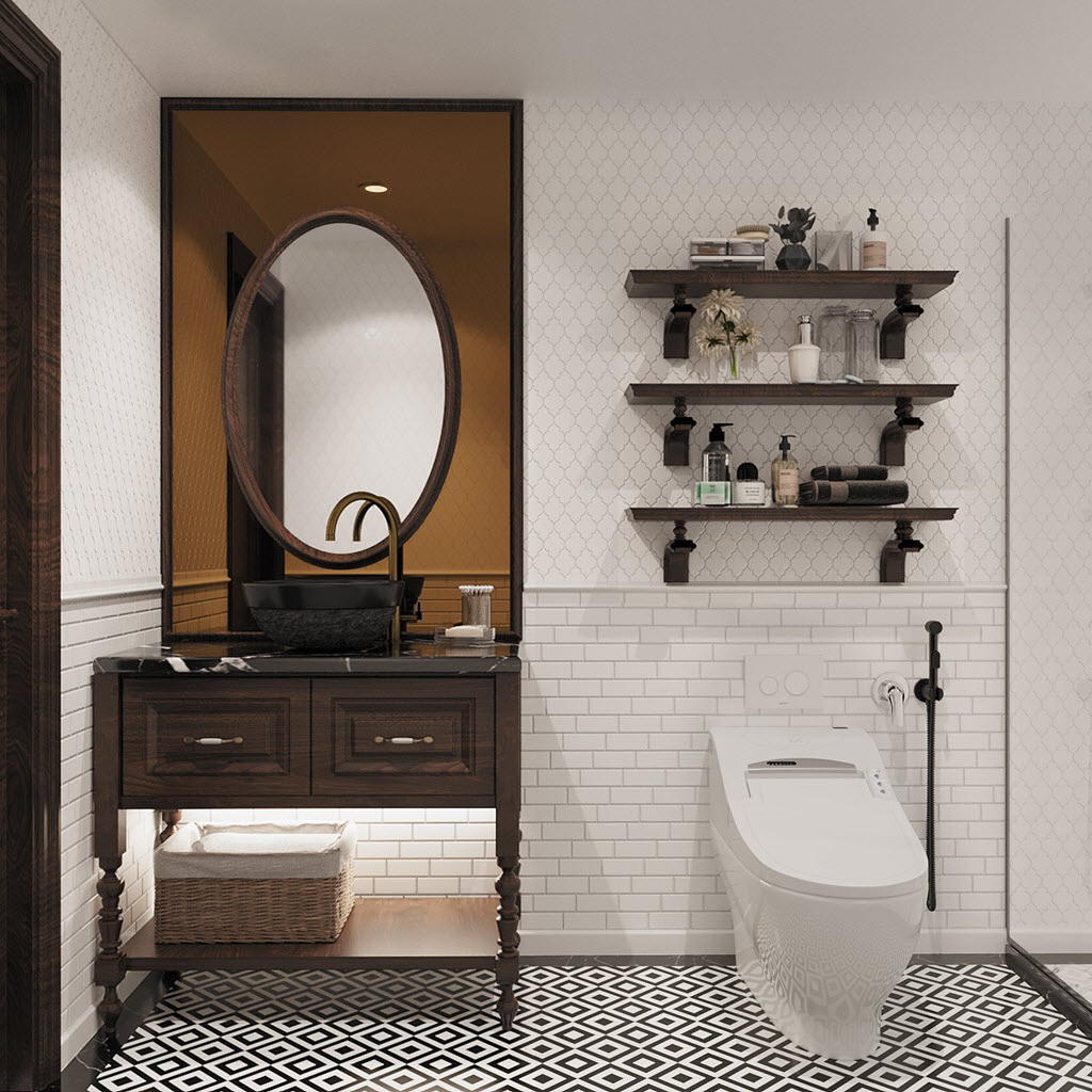 Một nhà vệ sinh khác với thiết kế nội thất tương tự, chỉ biến tấu ở gạch ốp lát và kiểu dáng gương soi.