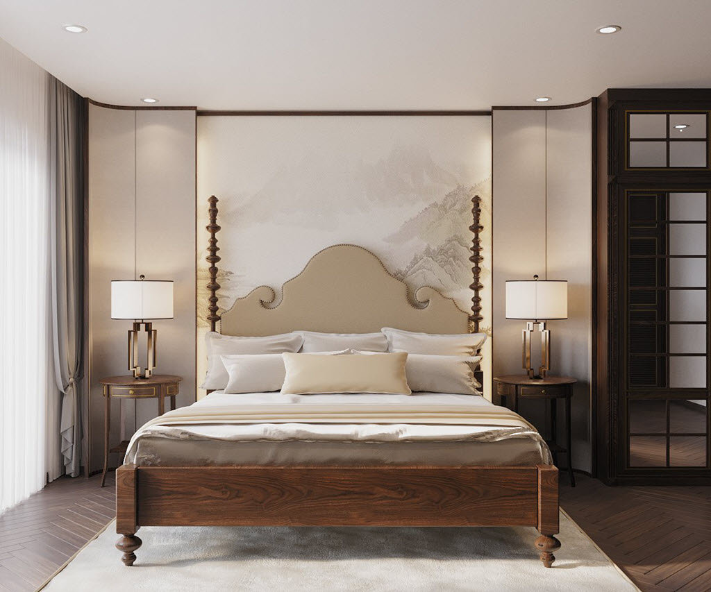 Phòng ngủ thứ hai được bài trí với bảng màu trung tính hiện đại, làm nền cho đường nét nội thất Indochine càng thêm nổi bật.