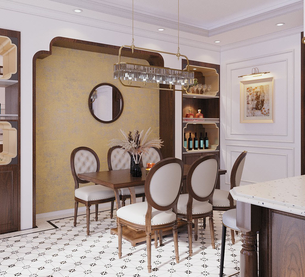 Gương tròn gắn trên nền tường decor giấy dán màu vàng đồng có họa tiết như một điểm nhấn duyên dáng cho không gian bếp + ăn.