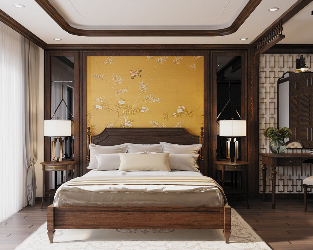Điểm nhấn của phòng ngủ thứ ba chính là tường đầu giường decor đậm chất Đông Dương với nền màu vàng, họa tiết nhẹ nhàng.