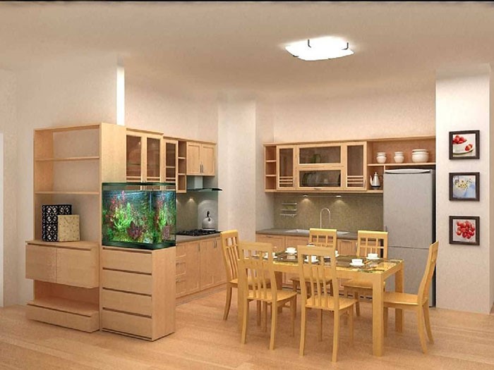 Phòng bếp kết hợp phòng ăn ấm cúng, thuận tiện trong sinh hoạt hàng ngày. Bể cá cảnh tạo điểm nhấn sinh động, tràn đầy sinh khí.