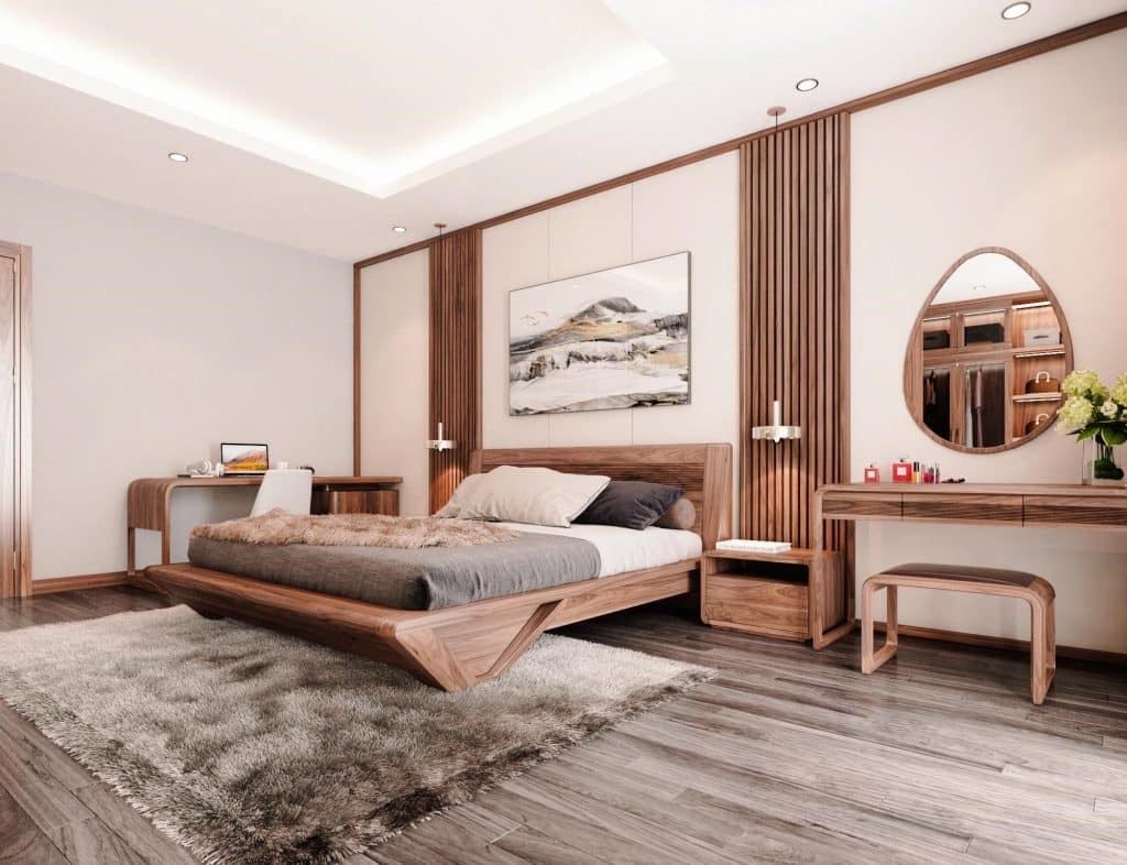 Không gian phòng ngủ master rộng thoáng, bài trí nội thất tối giản với chất liệu gỗ mộc mạc, tạo cảm giác thư giãn, an yên.