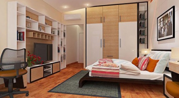 Mẫu thiết kế nội thất phòng ngủ master theo phong cách hiện đại đơn giản với sàn gỗ màu tự nhiên tạo cảm giác thư giãn.