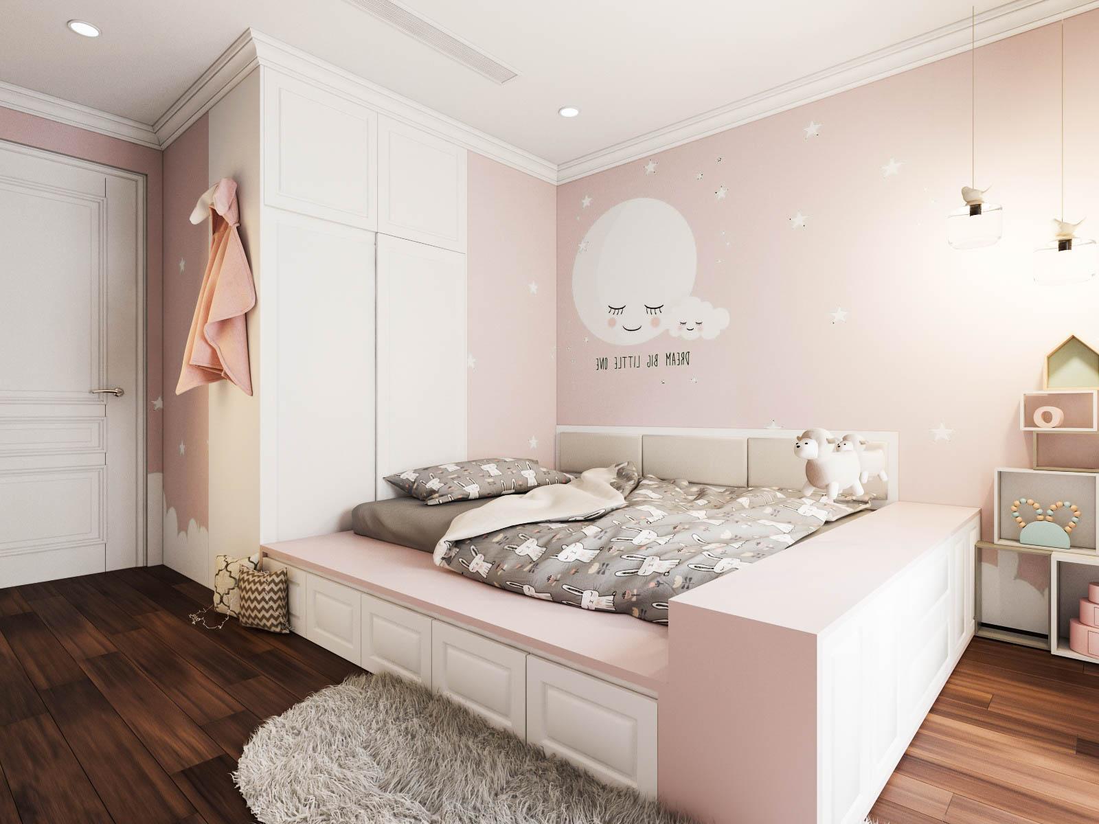 Phòng trẻ em được đánh giá là điểm nhấn thiết kế trong căn hộ này, vừa đảm bảo sự xuyên suốt của phong cách Tân cổ điển, vừa xinh tươi, năng động.