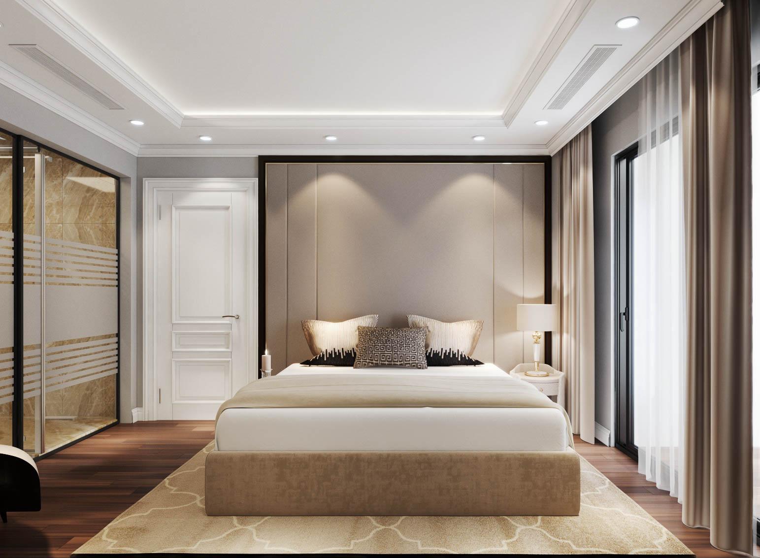 Phòng ngủ master của vợ chồng gia chủ được thiết kế với diện tích rộng rãi, bài trí nội thất tối giản và đầy đủ tiện ích hiện đại.