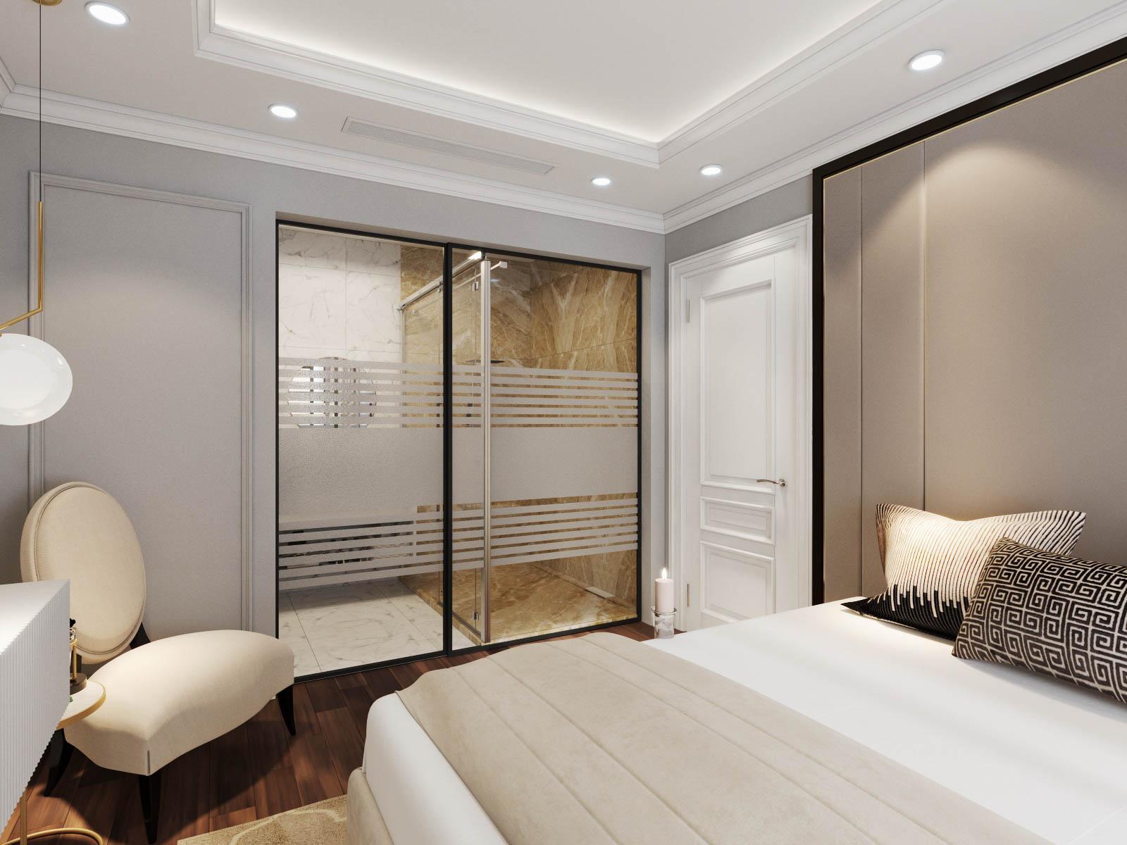 Phòng vệ sinh khép kín trong phòng ngủ master, được phân tách tinh tế bởi hệ cửa kính trong suốt, cao rộng giúp căn phòng trông thoáng rộng hơn.