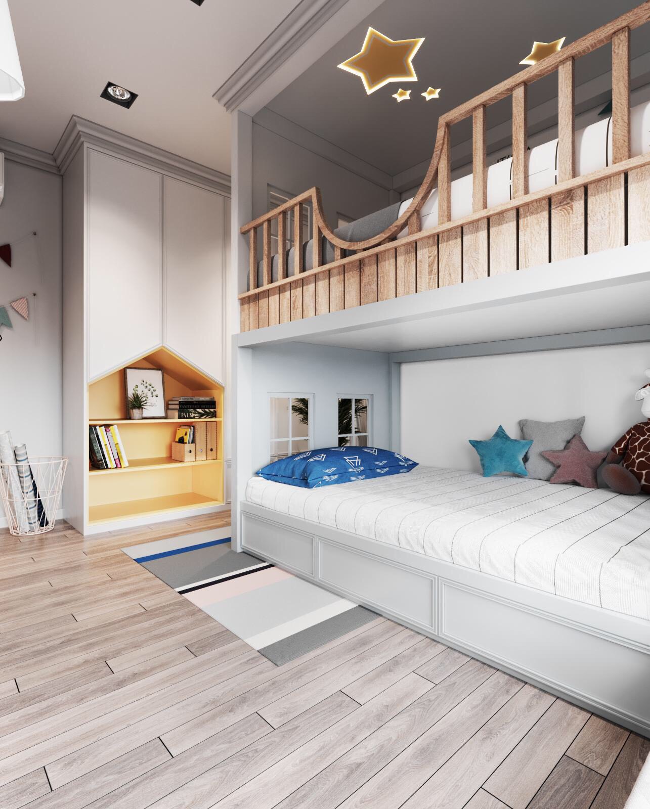 Thiết kế phòng ngủ trẻ em trong căn hộ này đảm bảo các tiêu chí về độ an toàn, công thái học và tính thẩm mỹ. 