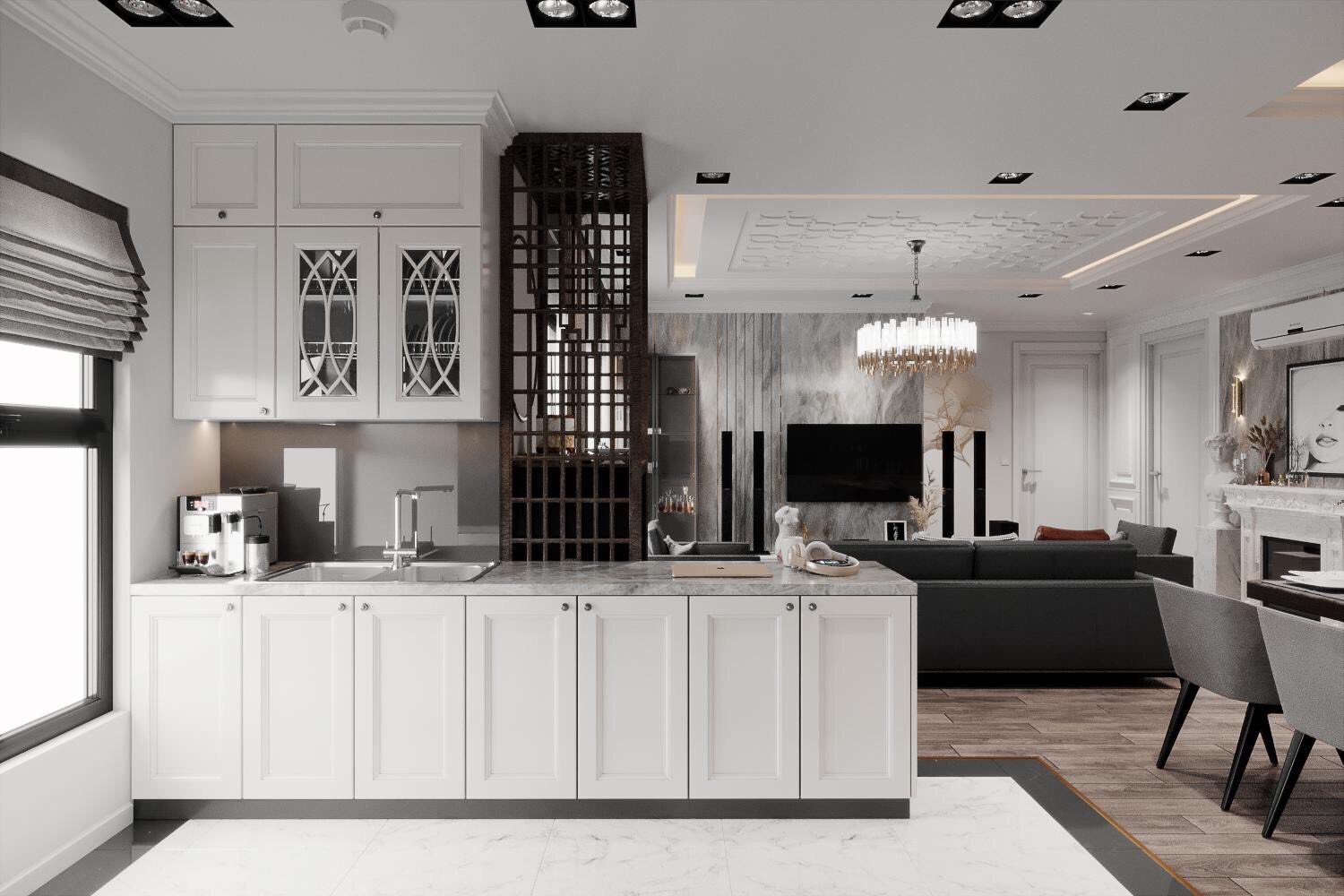 Không gian nấu nướng phân tách tương đối với phòng ăn và phòng khách bởi gạch đá cẩm thạch lát sàn. Hệ tủ màu trắng sang trọng, hiện đại phản chiếu ánh sáng tự nhiên hiệu quả.