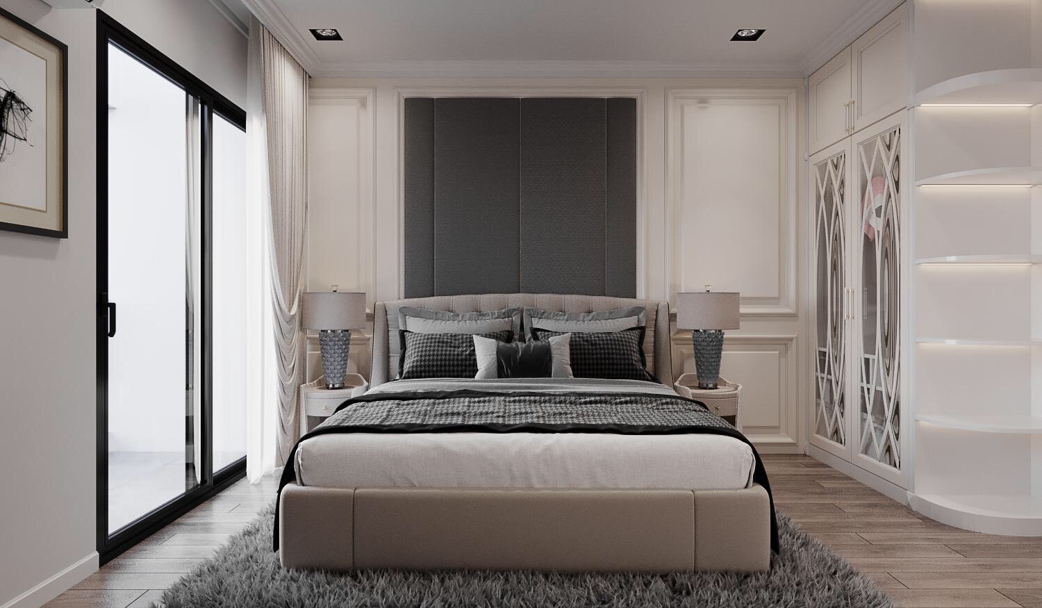 Thiết kế phòng ngủ master là sự hòa quyện ăn ý giữa chất Tân cổ điển sang trọng và nét hiện đại trẻ trung, thanh lịch.
