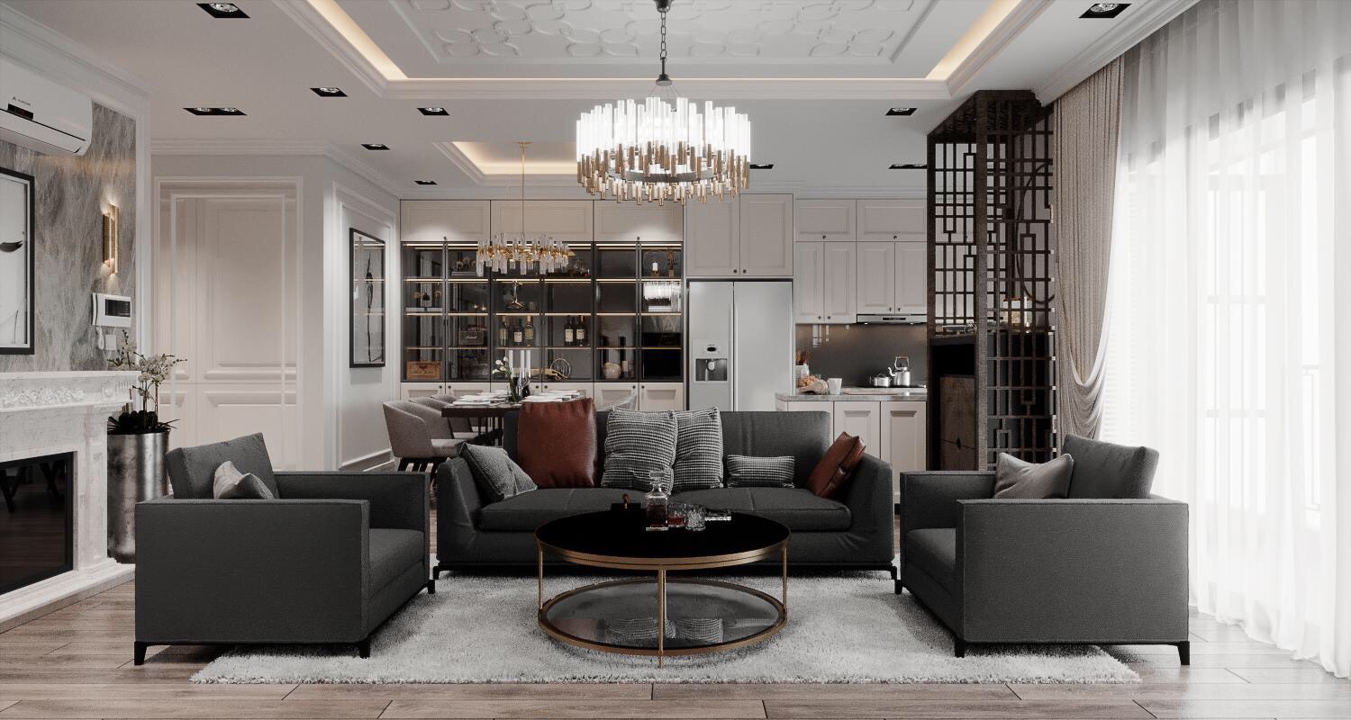 Kiến trúc sư bố trí phòng khách, phòng ăn và bếp nấu trong cùng một không gian, phân tách tinh tế màu sắc nội thất, vật dụng trang trí.