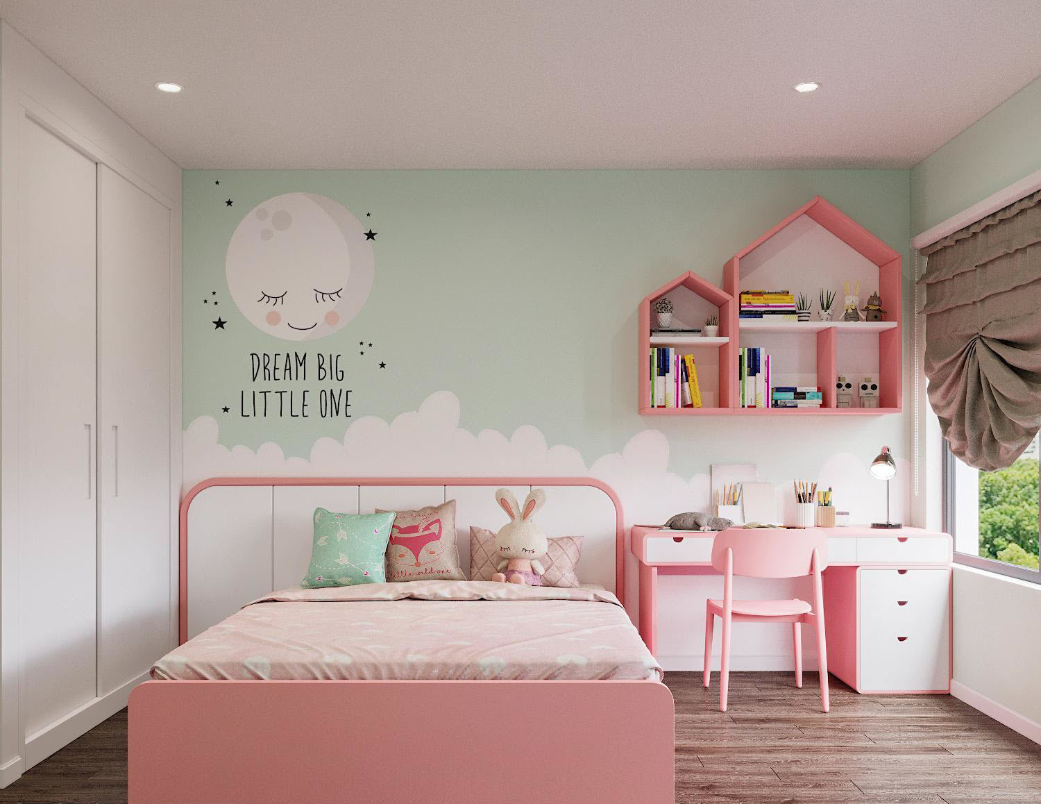 Hai phòng ngủ trẻ em được thiết kế với bảng màu khác hẳn phần còn lại của căn hộ, phù hợp với độ tuổi và sở thích của các bé.