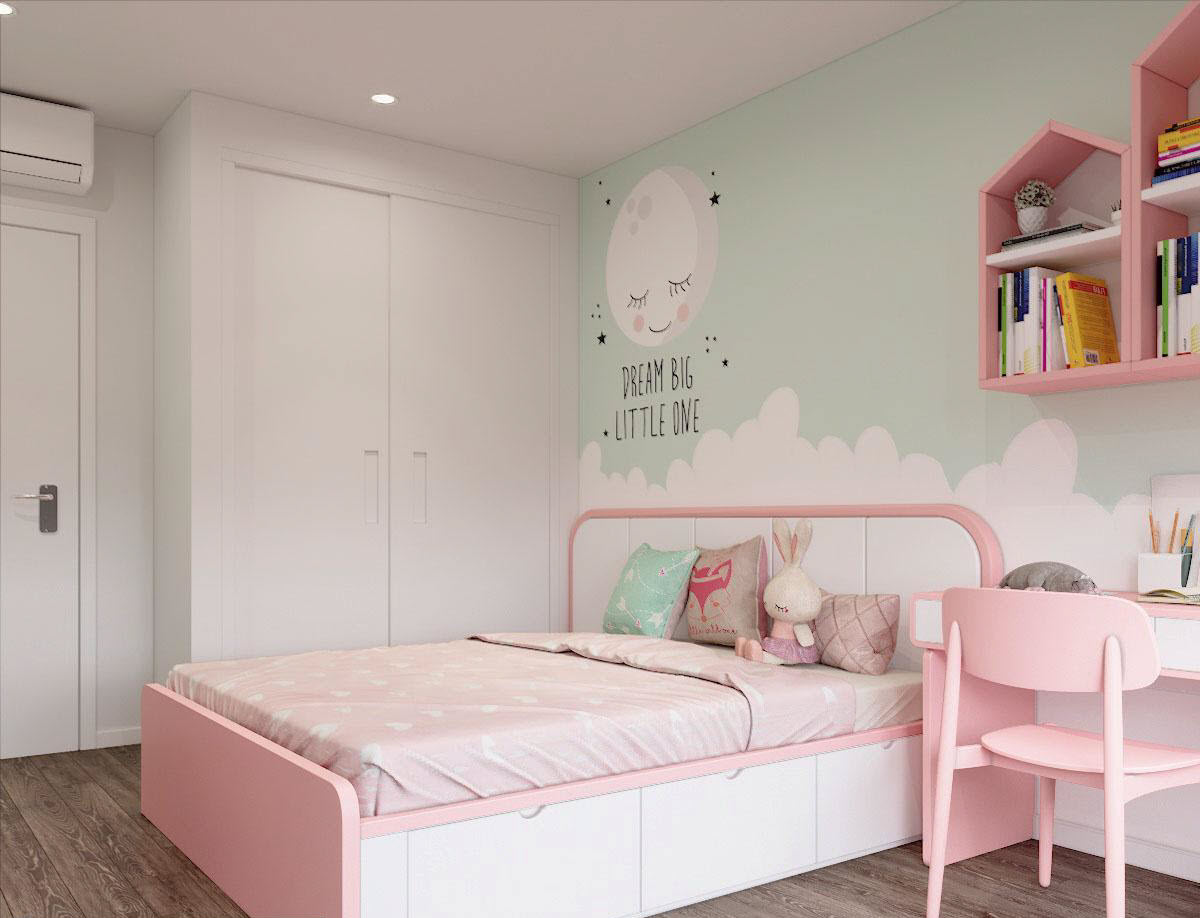 Sự phối kết hoàn hảo giữa tông màu hồng paster, xanh ngọc, trắng mang đến cho phòng ngủ bé gái vẻ nhẹ nhàng cuốn hút.