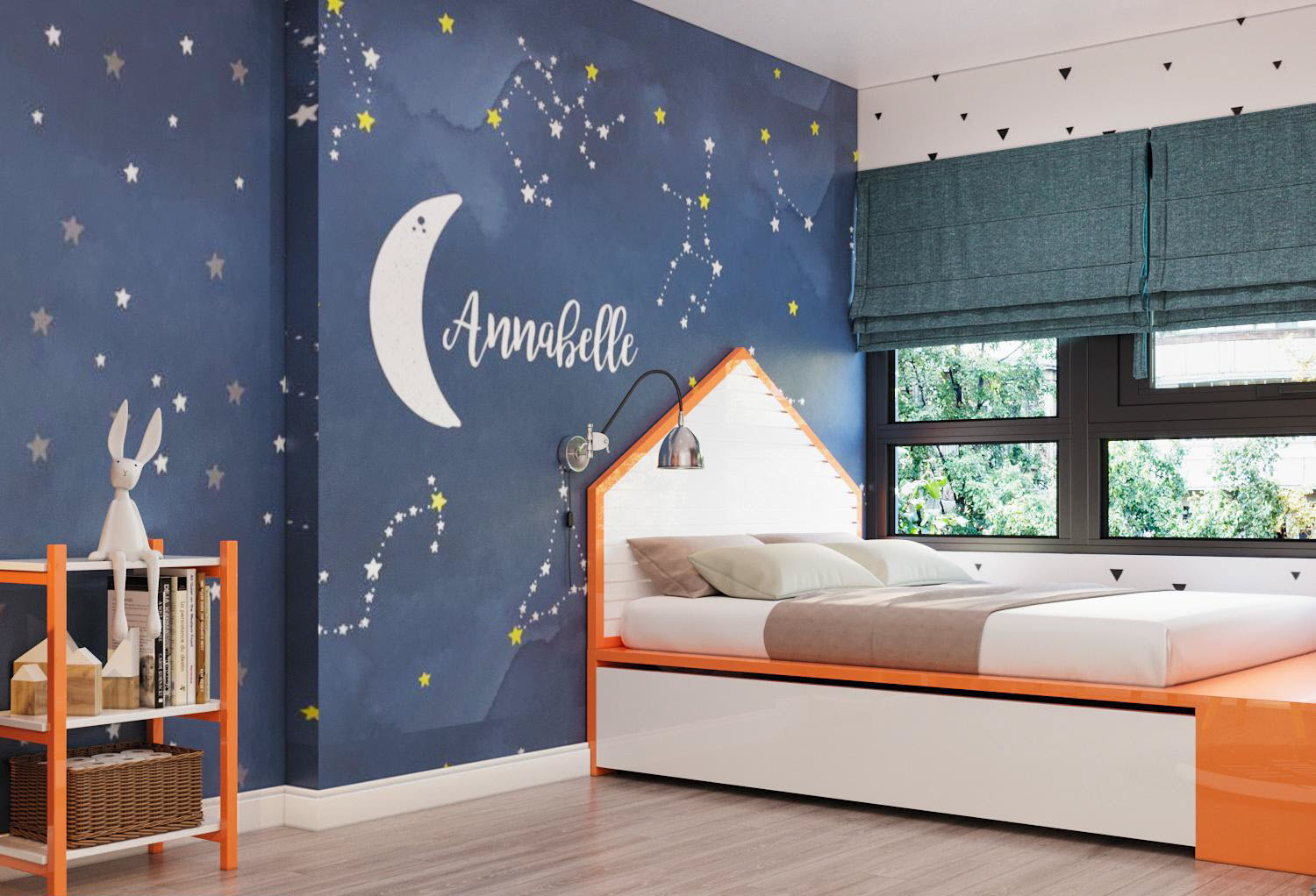 Phòng ngủ bé trai năng động, tươi vui với bảng màu xanh dương đậm và màu cam sáng.