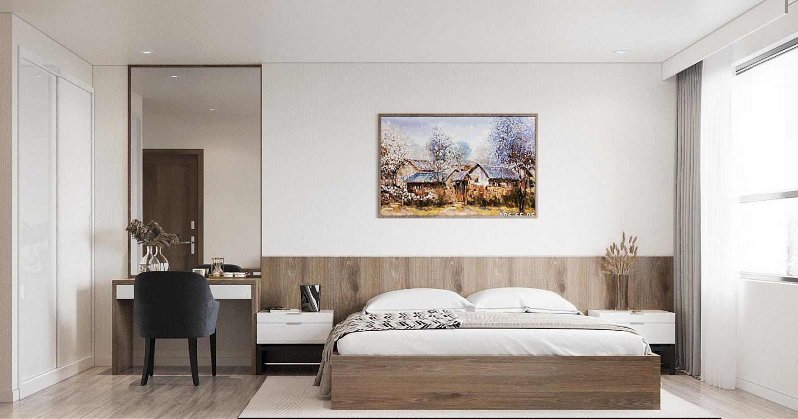 Phòng ngủ master thiết kế theo phong cách hiện đại, tối giản với bảng màu trung tính nhẹ nhàng, tạo cảm giác thư thái.