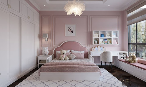 Phòng ngủ bé gái nhẹ nhàng, xinh yêu với tông màu hồng pastel vô cùng nữ tính.