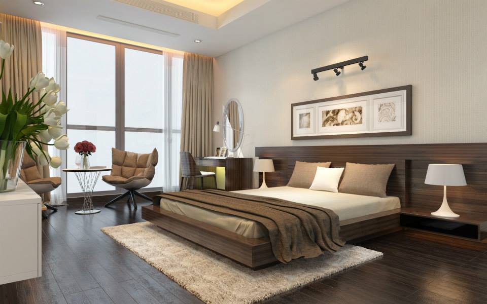 Phòng ngủ master sử dụng bảng màu trắng và nâu gỗ chủ đạo mang lại cảm giác ấm áp, an yên cho chủ nhân căn phòng.