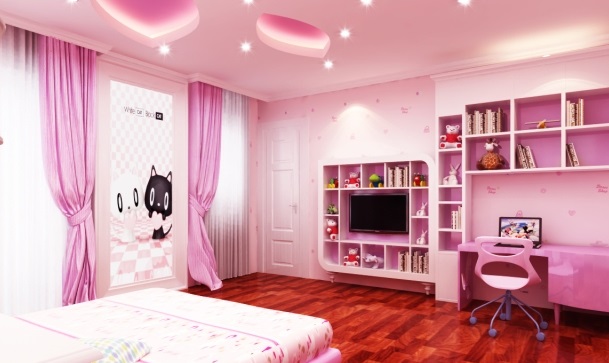 Nếu cô con gái của bạn chuộng tông màu hồng ngọt ngào, bạn có thể tham khảo mẫu thiết kế nội thất phòng ngủ này.