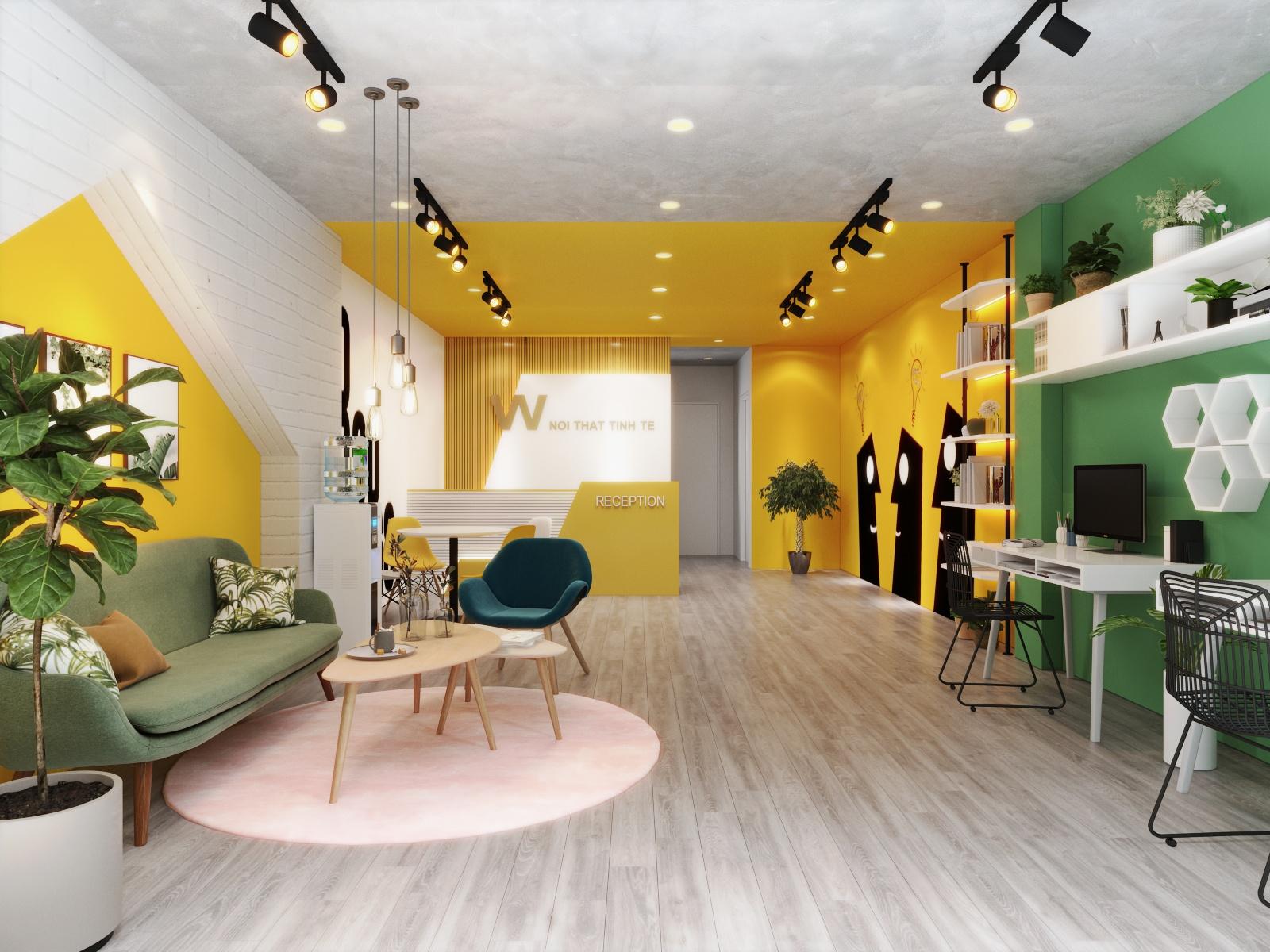 không gian văn phòng toát lên vẻ trẻ trung, tươi mới và tràn đầy năng lượng bởi sự kết hợp ăn ý giữa các màu sơn tường xanh lá, vàng chanh trên phông nền trắng - xám.