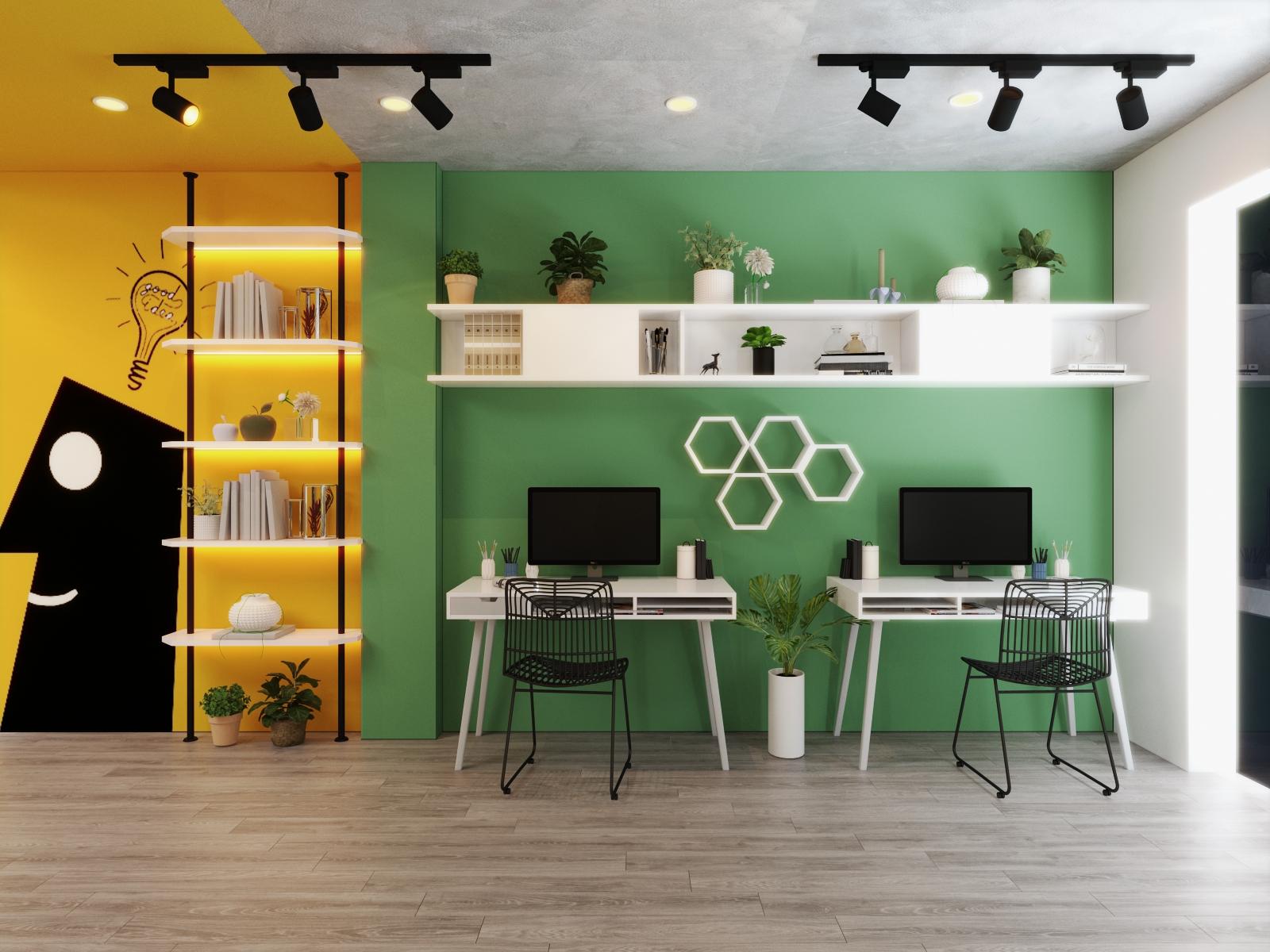 Sàn gỗ xám nhẹ nhàng giúp cân bằng bảng màu cho văn phòng, đồng thời mang lại cảm giác rộng thoáng hơn cho không gian. 