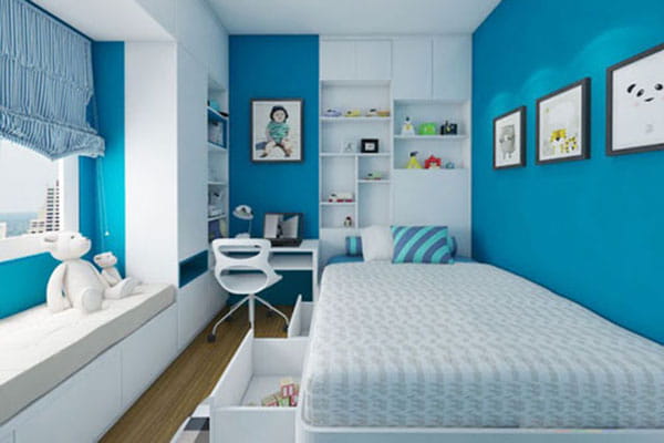 Bảng màu trắng - xanh dương luôn là lựa chọn phù hợp khi thiết kế phòng ngủ con trai.