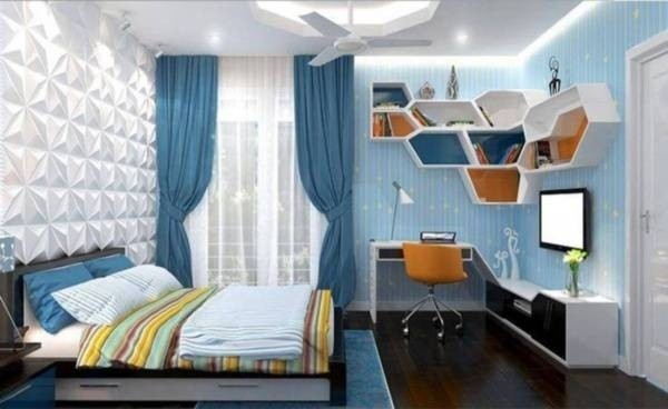 Với phòng ngủ con trai, bạn có thể sử dụng bảng màu trắng - xanh dương kết hợp hài hòa. Cùng với đó là hệ tủ kệ lưu trữ cực phong cách.