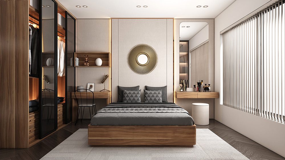 Mẫu phòng ngủ master sang trọng, tiện nghi được thiết kế theo phong cách hiện đại. Kiến trúc sư tiết chế tối đa vật dụng trang trí nhằm mang lại cảm giác thoáng đãng, thư thái.