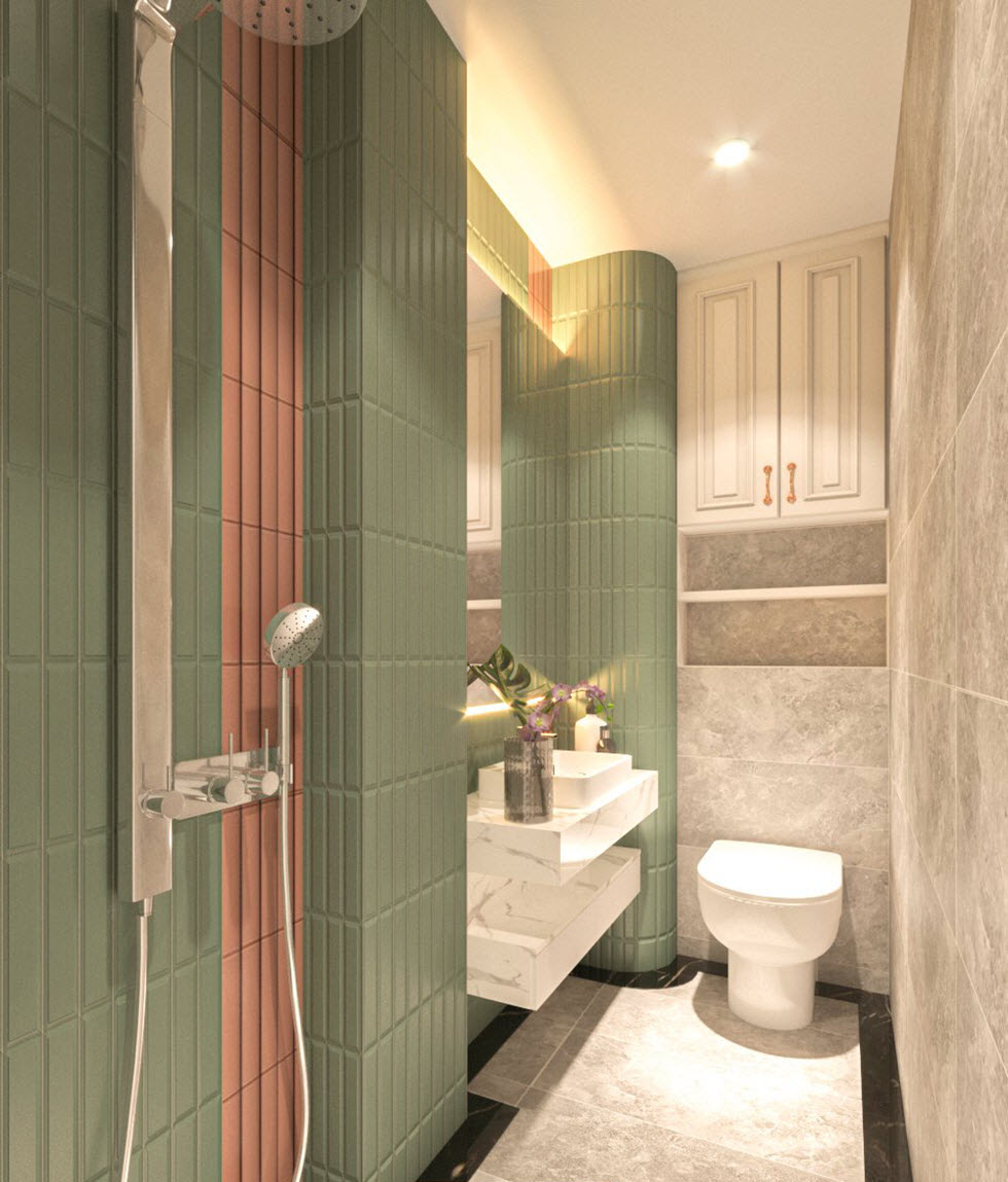 Gạch ốp tường màu sắc mang đến cái nhìn mới lại cho không gian phòng tắm.