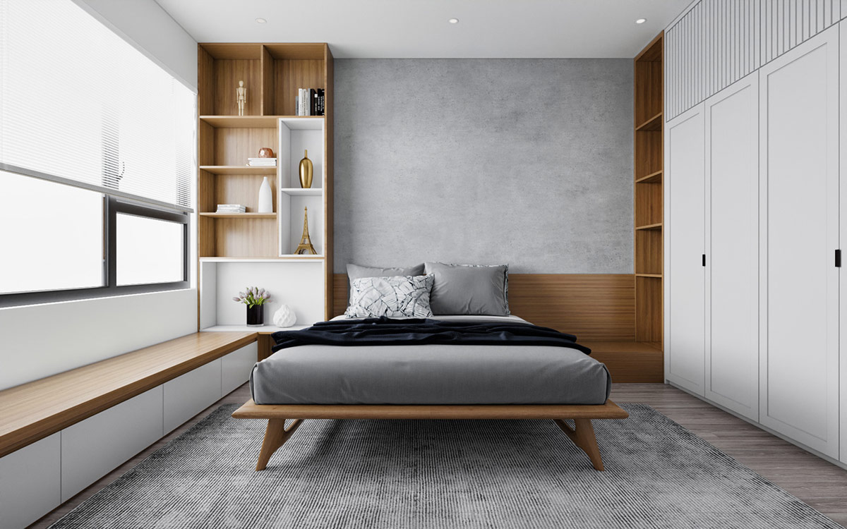 Phòng ngủ thứ ba ấn tượng với mảng tường đầu giường màu xám bê tông mộc mạc