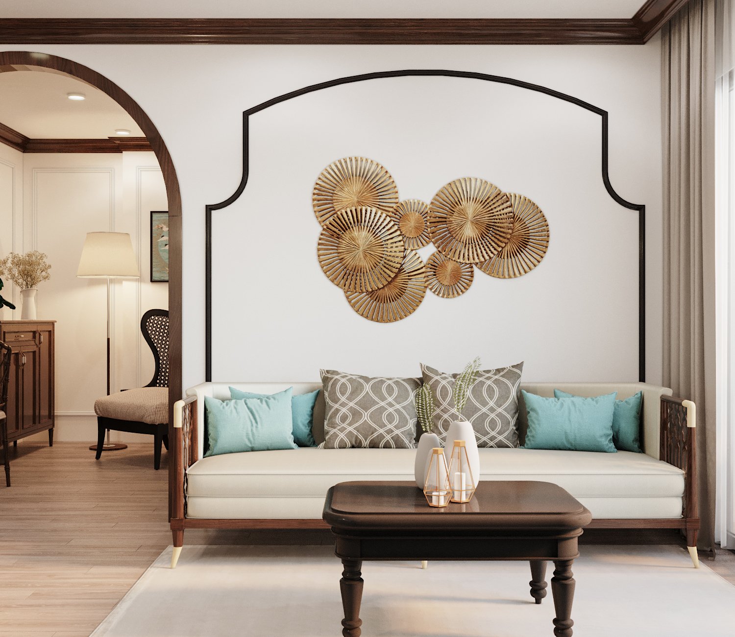 Phòng khách căn hộ nhỏ tối giản chỉ với băng ghế dài êm ái, bàn trà gỗ nhỏ xinh đặt gọn gàng trên thảm trải cùng tông với màu tường.