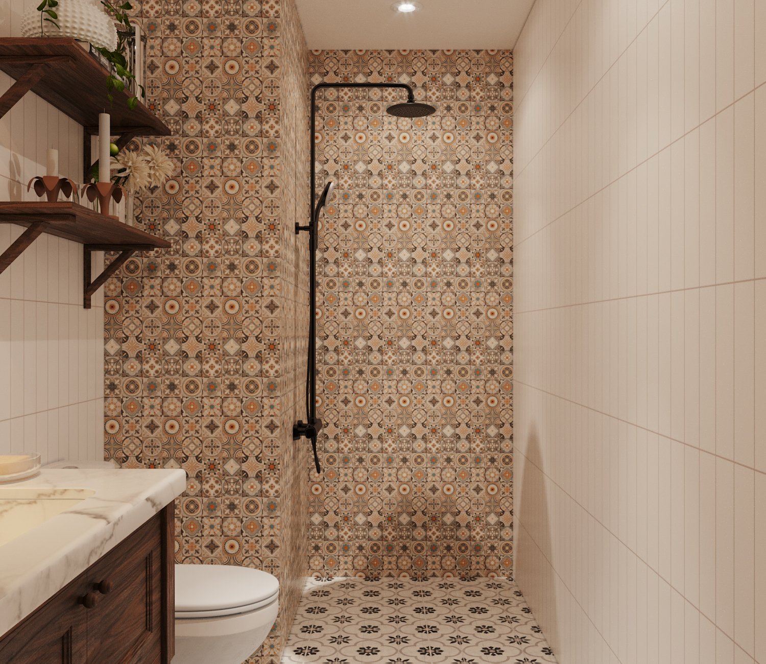 Các khu vực chức năng trong phòng tắm căn hộ 53m2 được phân tách tương đối bởi màu sắc, họa tiết của gạc ốp tường.
