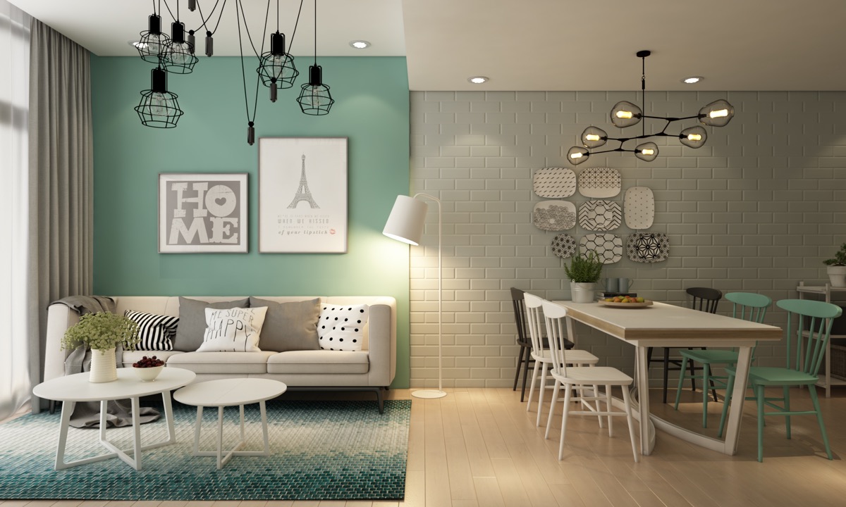 Thêm một mẫu thiết kế phòng khách đẹp, liên thông với phòng ăn. Màu sơn tường, thảm trải và vật dụng trang trí giúp định vị chức năng của từng không gian.