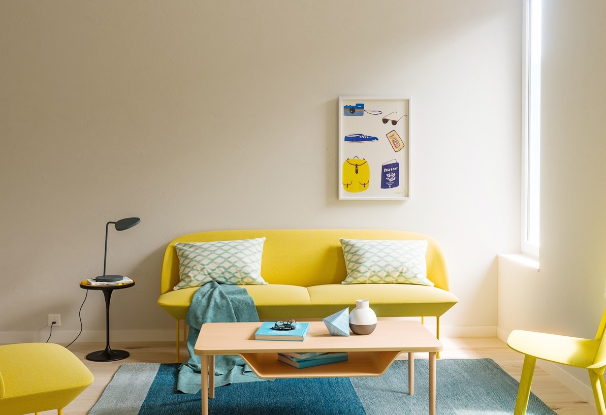Nếu sở hữu một căn hộ nhỏ, bạn hoàn toàn có thể tham khảo mẫu thiết kế phòng khách tối giản này. Sắc vàng chanh mang đến bầu không khí tươi vui, mới mẻ.