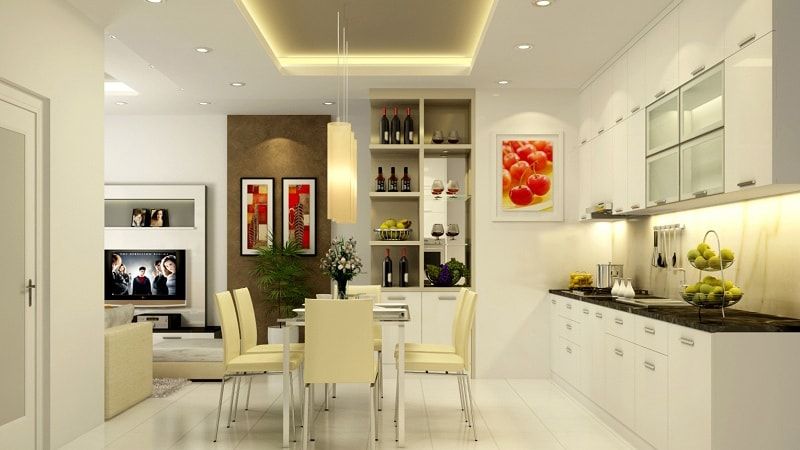 Bếp và phòng ăn với đầy đủ tiện nghi, trang thiết bị hiện đại. Tranh tường sắc đỏ tinh tế tạo cảm giác ngon miệng hơn mỗi khi dùng bữa.