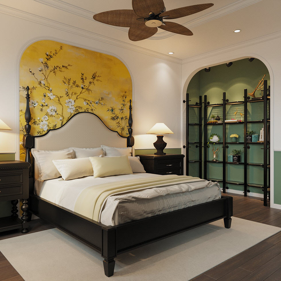 Phòng ngủ master đậm chất Indochine với nội thất gỗ tối màu, lối bài trí đối xứng, phông nền màu vàng, họa tiết tinh tế đầu giường.