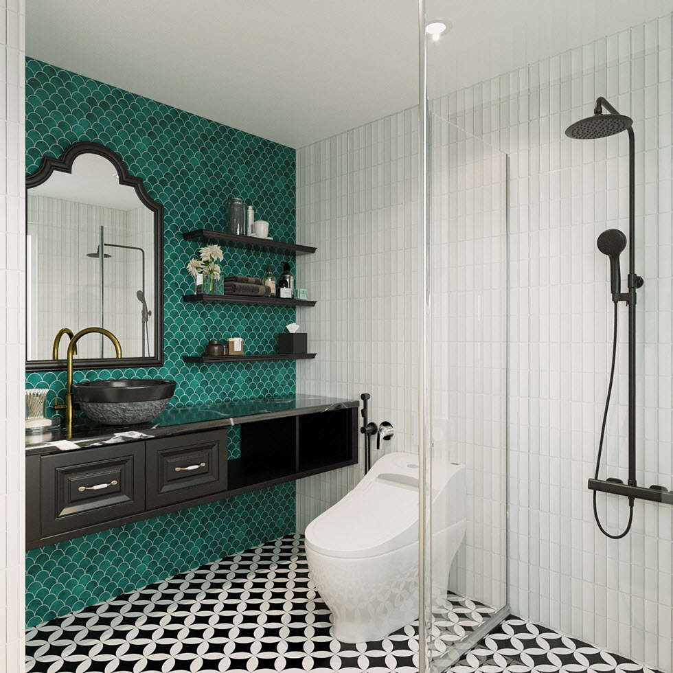 Một phòng tắm tiện nghi khác trong căn hộ 112m2 với gạch ốp tường màu xanh ngọc, hình vảy cá cực bắt mắt.