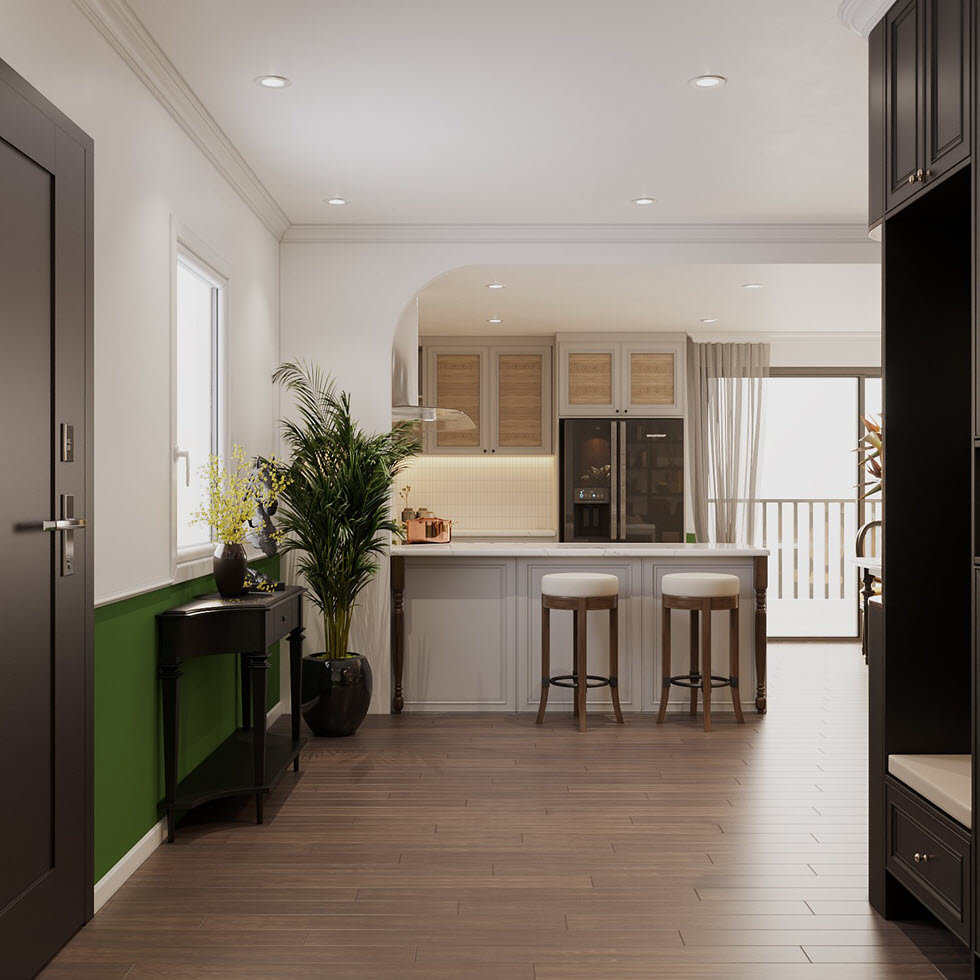 Sàn lát gỗ màu nâu điển hình vừa giúp cân bằng bảng màu, vừa tạo cảm giác ấm áp, thân thiện hơn cho căn hộ 112m2. Mặt sàn rộng thoáng, lưu thông thuận tiện.