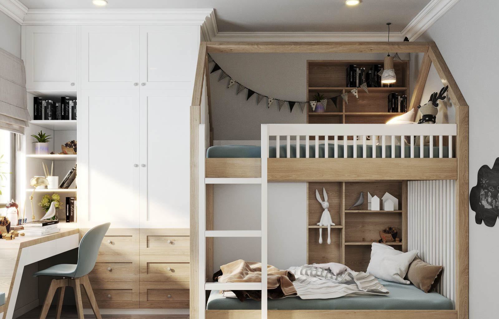 Phòng ngủ trẻ em với thiết kế trẻ trung, linh hoạt hơn nhưng vẫn đảm bảo những đặc trưng cơ bản của phong cách Country House.