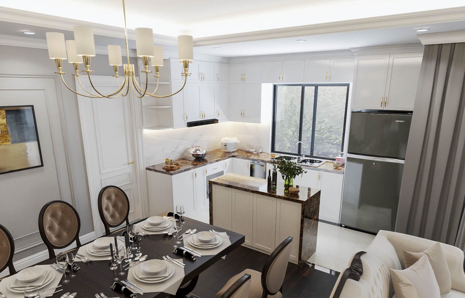 Ngoài chức năng đơn thuần, đảo bếp xinh yêu phân tách tương đối giữa phòng ăn và không gian nấu nướng. Hệ tủ bếp màu trắng hút sáng tự nhiên hiệu quả.